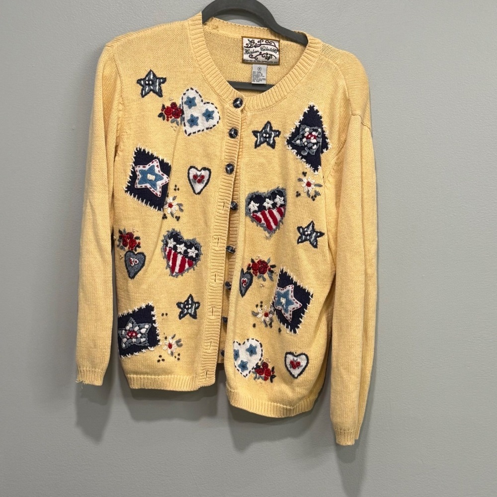 Heirloom Collectibles Vintage Yellow Americana Patchwork Cardigan Sweater Medium